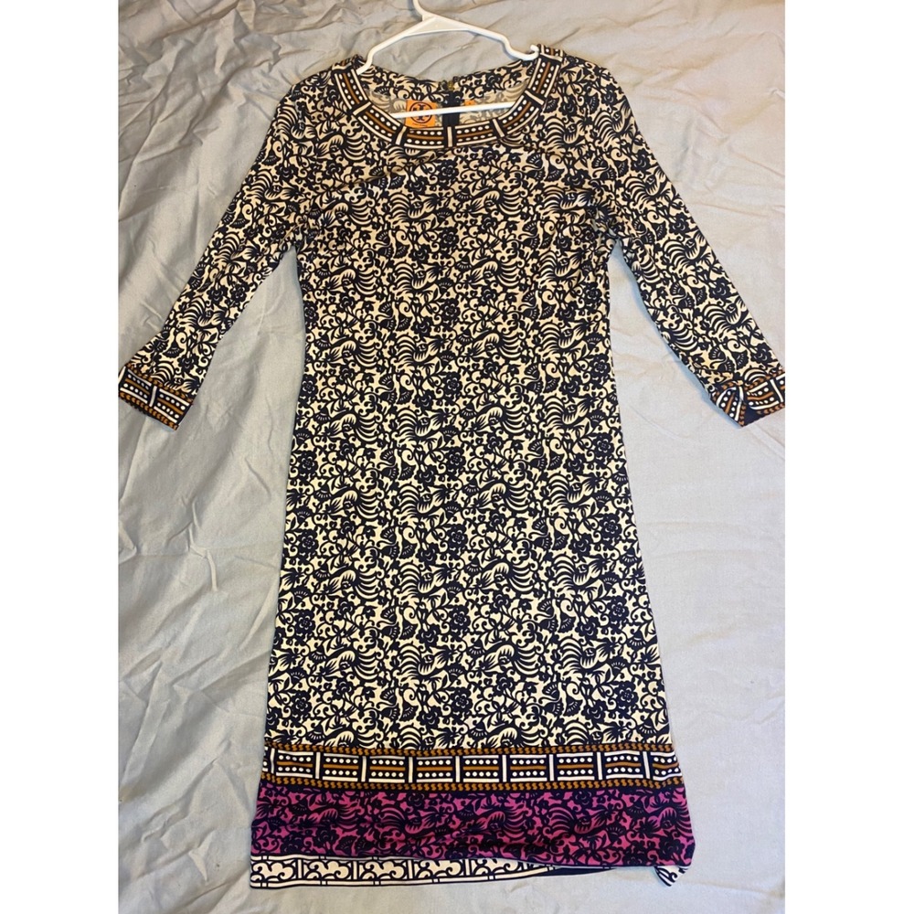 Tory Burch Shift Dress Women's Size M Navy White Floral 3/4 Sleeve‎ Silk